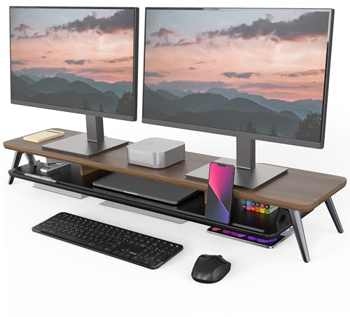 Fenge Dual Monitorständer mit Telefon/Pad Halter, 2 Etagen Groß Computer Bildschirmständer für Laptop/PC/TV/Drucker 108x23,5x14,5cm Tragfähigkeit 50KG (Braun)