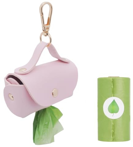 ENWIQUE Leather Poop Bag Holder Dispenser for Leash, Portable and Reusable Dog Poop Dispenser, Dog Bag Holder for Walking, Outdoor, Travelling (Pink)
