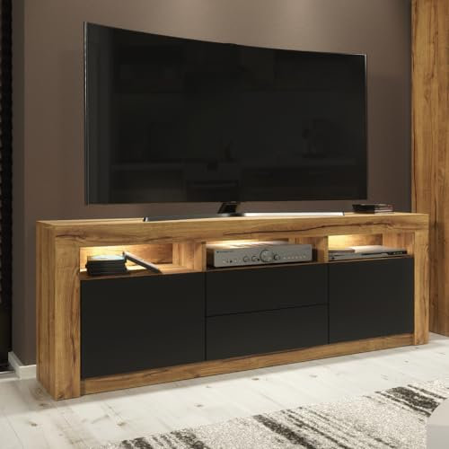 Creative Furniture TV Unit 160cm Dark Oak Modern Stand Black Matt Doors Free LED