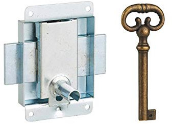 THIRARD - Serrure de Meuble en Applique pour Porte d'Ameublement - Axe 25 mm - 50 x 60 mm - Zingué - 1 Clé Laitonnée Vieillie - Système de Fermeture Efficace