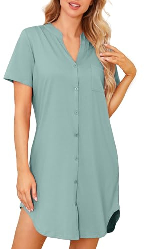 Lovasy Camicia da Notte Donna in Cotone Manica Corta Scollo a V Sexy Sottoveste Curvy con Bottoni Davanti Abito da Notte Estiva con Tasche B Verde M