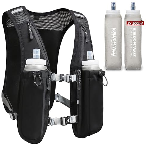 Lauf-Trinkweste für Damen und Herren. Reflektierend, 8 Taschen, schnell trocknend, 1.5L, verstellbarer Rucksack für Läufe, Radfahren, Trails, Marathons (Black mit 2x 500ml Soft Flasks)
