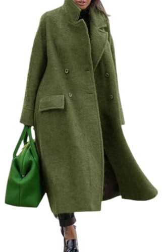 utcoco Women's Long Wool Coats Double Breasted Pea Coat Notched Lapel Trench Coat Overcoat (Large, Green)