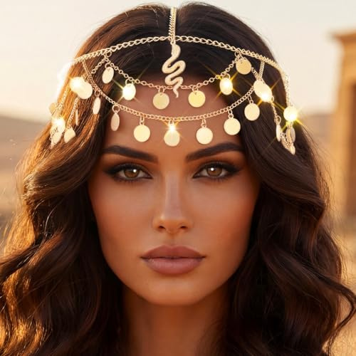 Zoestar Chaîne de tête bohème à paillettes - Serpent doré - Accessoire de cheveux pour femme