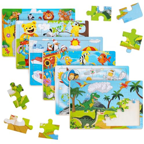 Funsland Träpussel för barn, 3, 4, 5-åringar – 6-pack, 30-bitars barnsticksåg, träpussel, dinosaurier, djur, fisk, pingviner, rymdskepp, spädbarn finmotorik Montessori pussel leksaker gåvor