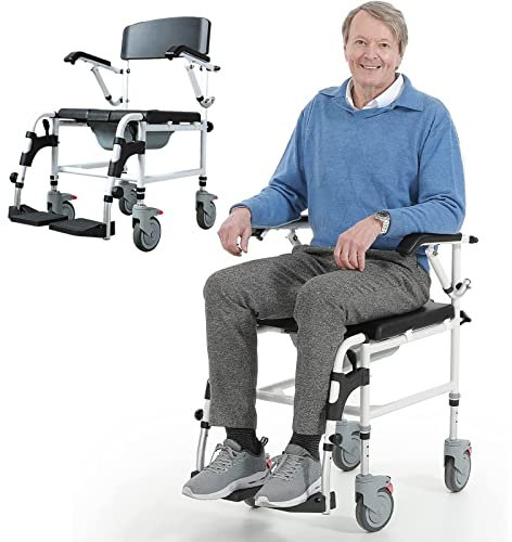 HUNTFF Chaise de Toilette percée, Chaise de Toilette percée de Douche à roulettes, Chaise de Chevet réglable en Hauteur avec roulettes, Fauteuil Roulant de Transport de Toilettes Mobile pour Person