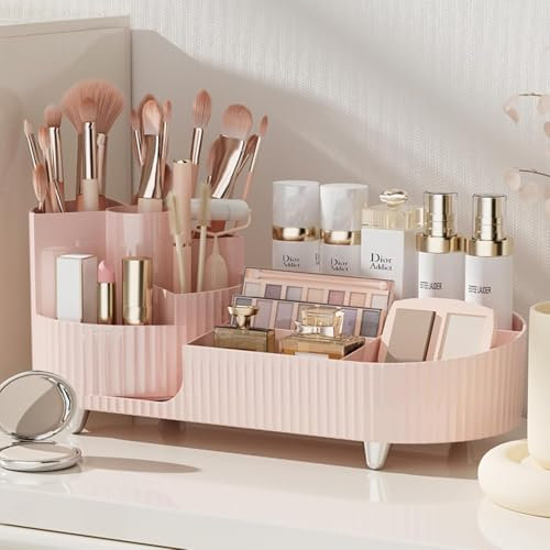 SIOOUI Rotating makeup organizer, Large Capacity Cosmetic Display Case for Vanity Large Capacity Cosmetic Display Case with Makeup Brush Holder Cosmetic Organizer Countertop (Pink)