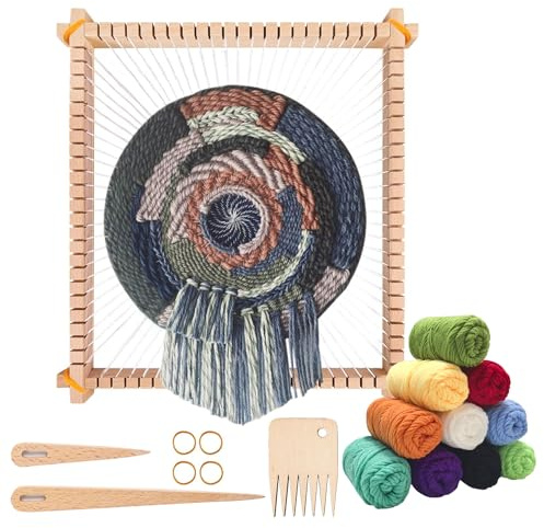 LYKTRIX Kit de métier à tisser en bois pour enfants de 4 à 12 ans, avec 13 accessoires (fil, aiguille, peigne) pour tisser des tapisseries rondes/carrées et des dessous de verre