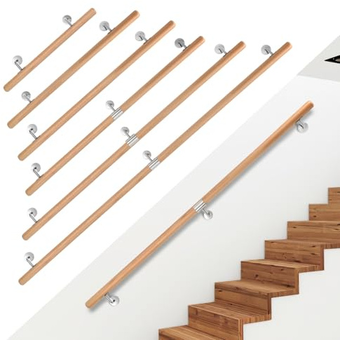 Ikodm Rampe d'escalier en bois de hêtre - 200 cm - Diamètre 42 mm - Pour escalier, main courante murale, escalier, montage latéral, avec supports muraux, matériel de montage