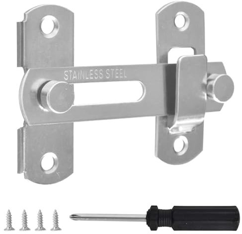 Verrou Porte Extérieur Acier Inoxydable, Verrou de Porte Coulissante Intérieure avec 4 Vis & 1 Tournevis Cruciforme, Serrure Loquet Porte pour Porte, Fenêtre, Placard et Jardin (Argent, 180°)