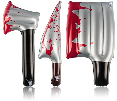 Phlognfy Couteau Gonflable Halloween, 3 pièces Couteaux Gonflables Ensanglantés Factices, avec Couteaux et Haches, Ensemble Accessoires Horreur pour Accessoires de Fête Cosplay