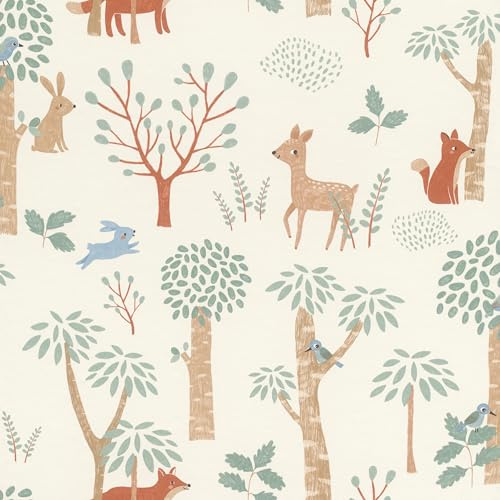 Rasch Tapete 302813 - Vliestapete mit Waldtieren, Kindertapete mit Bäumen und Tieren in Beige, Braun und Grün- Kollektion Kids World