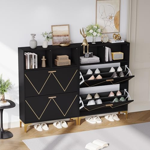 YuQozii Zapatero con 4 puertas plegables inferiores, zapatero de pasillo con 8 compartimentos para zapatos, armario con 4 estantes semiabiertos, aparador, armario de salón, diseño de patas de mesa