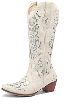 Générique Femmes À Enfiler Bottes Hautes Au Genou avec Strass Talon Épais Bottes Western avec Broderie Bout Rond Botte Longues en Cuir PU