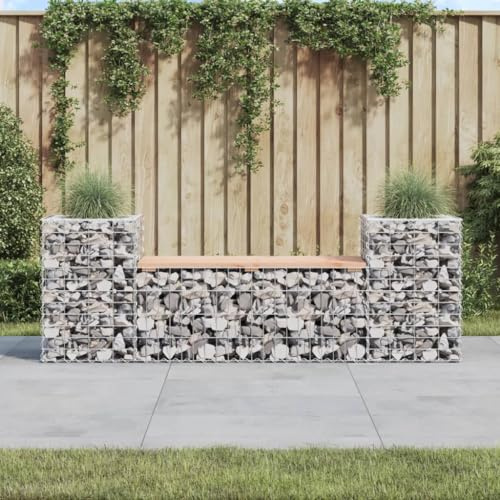 BARULUOAKLIFE Panchina da Giardino in Legno Massello di Douglas con Base Gabbione in Acciaio Zincato e Fioriere Integrate - Design Compatto per Spazi Limitati - Seduta da Esterno