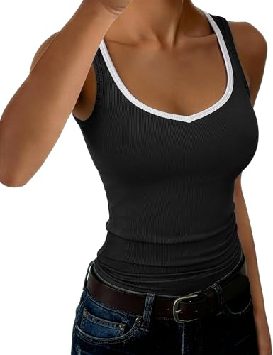 Aottori Women Tank Tops V Neck Ribbed Knit Vest Summer Slim Fit Color Block | Soft viscose stretch, fine rib texture, colour block detail, lightweight summer layer