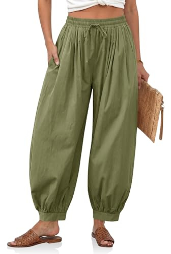 Cicy Bell Womens Baggy Pleated Harem Pants Summer Elastic High Waisted Wide Leg Balloon Cotton Lounge Pants Army Green