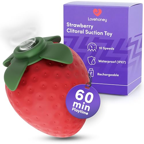 Lovehoney Strawberry Succionador de Clítoris para Mujer | Vibrador Succionador de Silicona con 10 Intensidades | Estimulador de Clítoris Recargable USB, Mini Vibrador Mujer Discreto