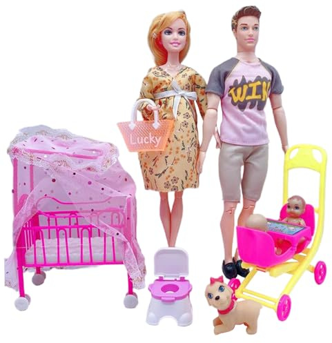 Faticenic Family Doll Set Movable Joint Pregnant Doll with Baby in Tummy, Dad and 2 Kids, and Other Accessoires, Pregnant, Baby Toys