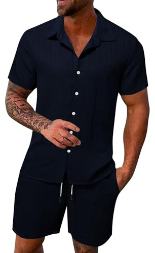 Genérico Conjunto de 2 Piezas Hombre Verano Playa Lino Camisa Manga Corta y Pantalones Cortos Casual Transpirable Fresco Suave Estilo Moda A4
