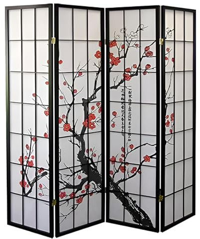 Legacy Decor Japanese Room Divider 4 Panel Shoji Screen - Folding Privacy Screen Freestanding Partition Wall - Japanese Plum Blossom Oriental Room Dividers Wooden Decorative Panels(Black 71H x 70W)