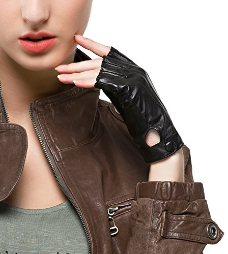 Nappaglo Gants en cuir femme Hiver Mitaine Gant pour conduire Doeskin Demi doights Moto Cycle Gants sans doigts cadeau