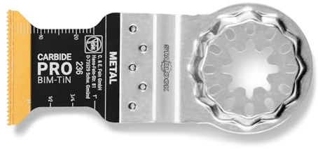 FEIN E-Cut Carbide Pro Sägeblatt , Ve. 3 St., Breite 32 mm, Länge 40 mm, Aufnahme Starlock, TiN-beschichtetes Hartmetall-Tauchsägeblatt mit extrem hoher Verschleißfestigkeit.