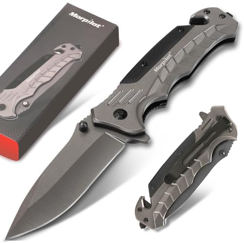 Morpilot Navaja Plegable, Cuchillo de Acero Inoxidable con Punta Rompevidrio y Cutter Cinturón Cuchillo Plegable con Mango Acero Inoxidable para Acampar, Picnic, Caza