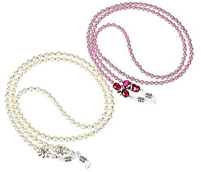 BEHAHAI 2PCS Beaded Glasses Chain, Reading Eye Glasses Spectacle Eyeglass Chains Glasses Necklace Pearl Glasses Chain Cord Anti Slip Sunglass Chain Eyeglasses Chain Holder for Women Girls White, Pink