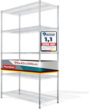 Estantería de Rejilla Everest, estantería de Metal, Capacidad de Carga de Aprox. 70 kg por Estante, Sistema de Almacenamiento Multifuncional, cromada (90 x 45 x 200 cm, 5 estantes)