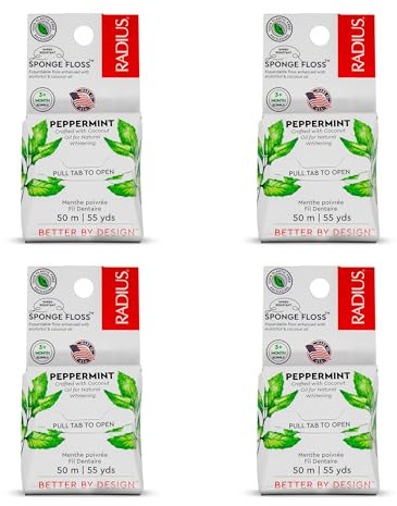 RADIUS Vegan Sponge Floss, Soft Expanding Dental Floss for Sensitive Gums and Tight Teeth, PFAS Free, Vegan, Plastic Free Packaging, 50m / 55 yd, Peppermint, Pack of 4