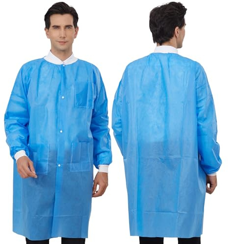 Greenour 10-Pack Disposable Lab Coat 2X-Large Blue with Pockets for Adult