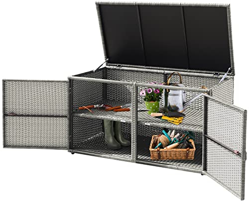 GOPLUS Baúl de Almacenaje de Ratán PE para Muebles de Jardin, con 2 Estantes, Caja de Almacenamiento con Tapa con Bisagras y 2 Puertas, Patines Antideslizantes, Exterior Jardin, 115 x 60 x 65 cm