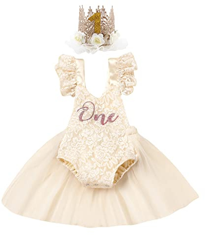 Bébé Filles Mon 1er Premier Anniversaire Robe Tutu Manches Volants Dentelle Barboteuse Photographie Tenue Bandeau à Couronne Cadeau Abricot 9-12 Mois