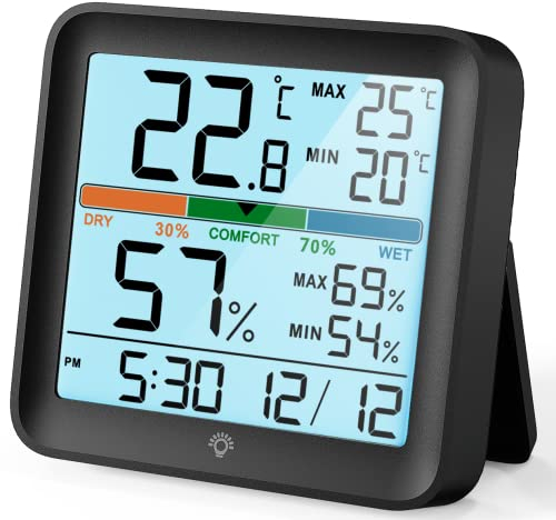 NOKLEAD Termometro Digital casa Higrometro Medidor de Humedad Sensor Temperatura Profesional con Pantalla LCD Reloj Registro Máximo y Mínimo Retroiluminación,Negro