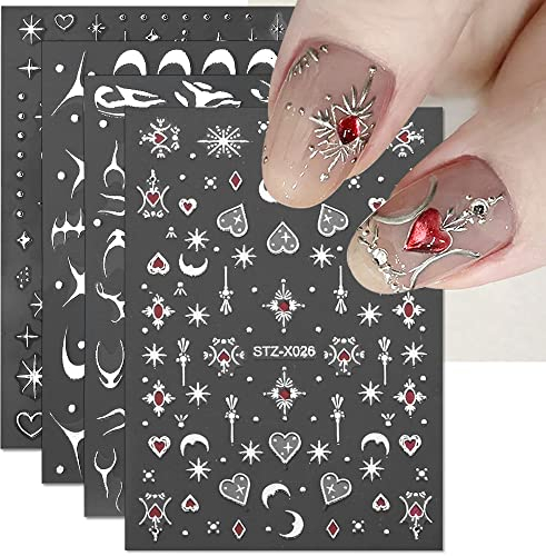 8 Blätter Metallisch Silber Nagelsticker Selbstklebend Flammen Nagelaufkleber 3D Stern Mond Nail Sticker für Nail Art Herzen Sonne Charms Nageldesign Nagel Stickers Linien Nagelfolie Nägel Zubehör