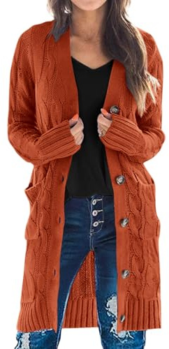PRETTYGARDEN Long Sleeve Cable Knit Long Cardigan for Women 2026 Spring Winter Chunky Open Front Button Sweaters with Pockets(Caramel,X-Large)