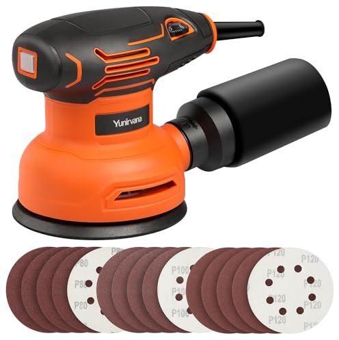 Yunirvana 5-Inch Orbital Sander, 2.5 Amp Motor, 15 Pcs Sanding Disc Set, 6-Speed Control (6000-12000 OPM), Efficient Dust Collection for Superior Sanding and Polishing