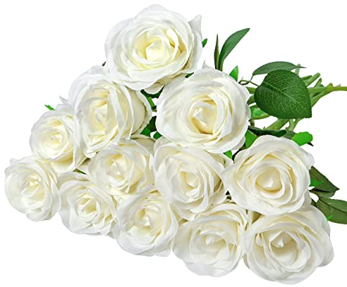 Woltoy 12 Pcs Artificial Roses, White Artificial Flowers Fake Roses Silk Fake Flowers for Garden, Wedding, Indoor and Outdoor