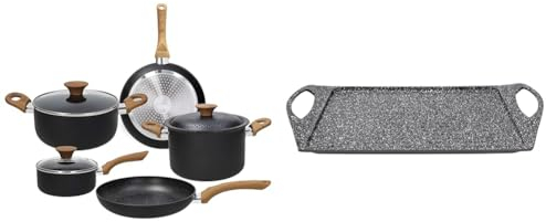 Tognana Rock In Wood, Batteria di pentole e padelle, Set con 2 padelle, 2 casseruole, 1 pastaiola & Sphera Grill Rettangolare, antiaderente Alluminio
