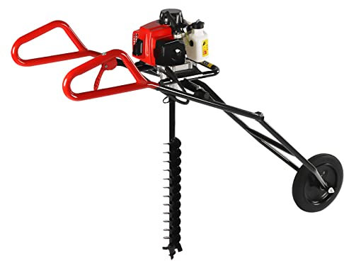 Tarière à essence 2 temps 63 CC avec roue en caoutchouc – Réservoir de carburant : 1200 ml/Diamètre des forets : 60-300 mm, diable pliable à une seule roue 2,2 kW, 8800 ± 300 tr/min