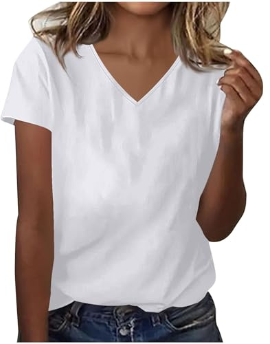 Dyhxuan Camiseta básica para mujer, monocolor, con cuello de pico, manga corta, camiseta de algodón, versátil, elegante, camiseta holgada, blusas ligeras, aireadas