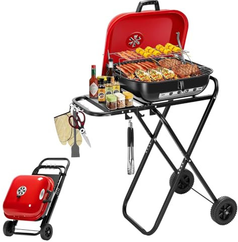 Bärbar kolgrill – vikbar grill med topphjul och sidoförvaringsställ, rostfritt stål bordsrökare för utomhuscamping, picknick och användning i trädgården