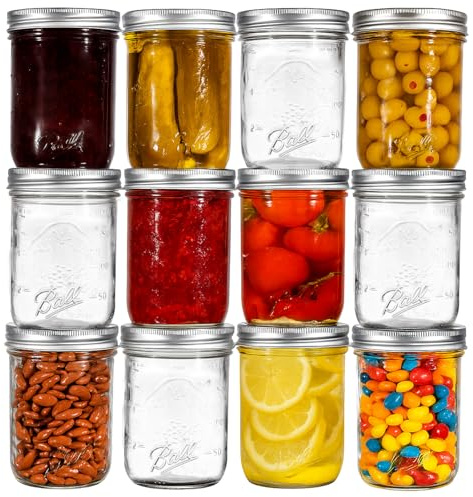 Ball Regular Mouth Mason Jars 8 oz. (12 Pack) - Half Pint Size Jars with Airtight Lids and Bands for Canning, Fermenting, Pickling, Meal Prep or DIY Decors and Projects Bundled with Peaknip Jar Opener