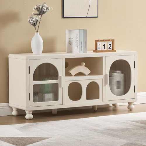 Ya-Home Buffet Bas avec 2 Portes en Verre Meuble de Rangement avec Compartiments Meuble TV avec Pieds en Bois Massif pour Salon, Blanc