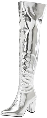 Allbestop Cuissarde Femme, La Modeuse-Bottes, Cuissardes Mi-Hautes en Suédine Bottes Longues pour Femme Bottes Talon Haut Sexy Chaussures Talon Cuir pour Femmes(Argent,38)