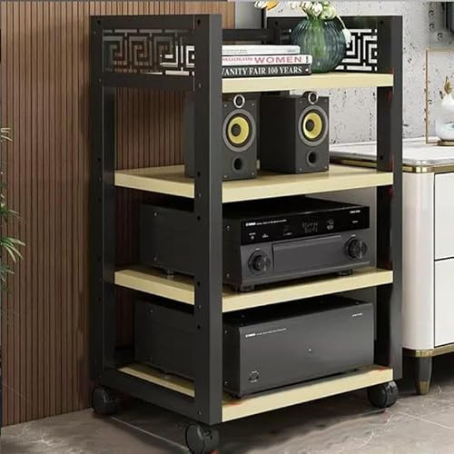 Teak Audio Tower – 4-nivåers rullande AV-stativ justerbart medieställ för HiFi CD-spelare och ljudutrustning platsbesparande hörnhylla eleganta hemunderhållning möbler