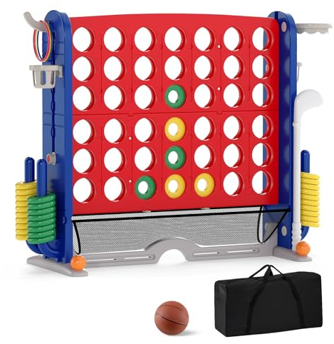COSTWAY Juego Gigante 4 en Raya, 4 en 1 Juego de Conecta 4 Gigante con Lanzamiento de Aros, Aro de Baloncesto, Palo de Golf, Portavasos y Bolsa de Almacenamiento, 4 Alturas Ajustables (Rojo)