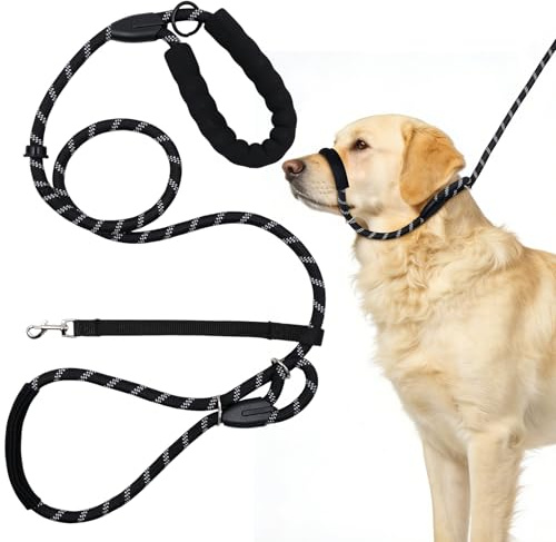 Vidoxdu Figure of 8 Laisse pour chien, anti-traction, réfléchissante, avec coussinet de nez et fixation pour collier (taille M/L), noir