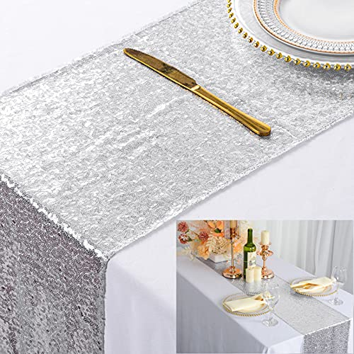 ShinyBeauty Silver Sequin Table Runner Wedding Decor Glitter Table Runner 12x120-Inch Silver Party Table Runners Table Decor,30x300cm